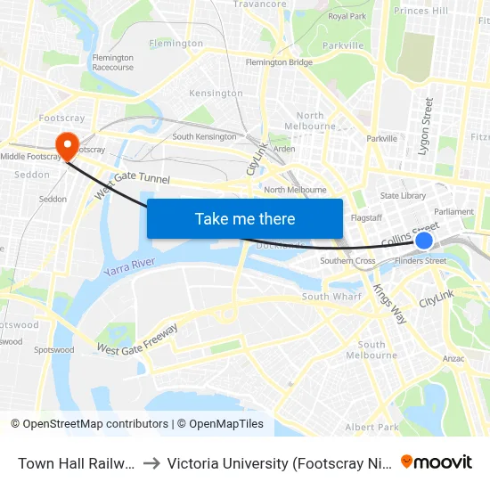 Town Hall Railway Station to Victoria University (Footscray Nicholson Campus) map