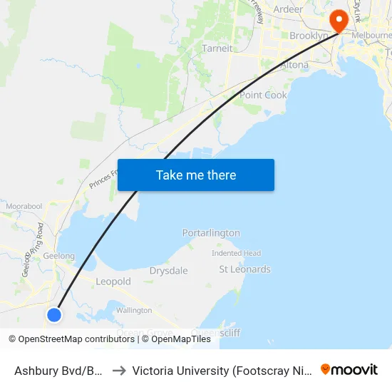 Ashbury Bvd/Burvilles Rd to Victoria University (Footscray Nicholson Campus) map