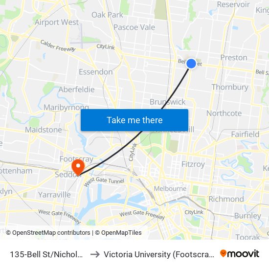 135-Bell St/Nicholson St (Coburg) to Victoria University (Footscray Nicholson Campus) map