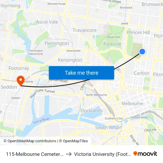 Melbourne Cemetery/Lygon St #115 to Victoria University (Footscray Nicholson Campus) map