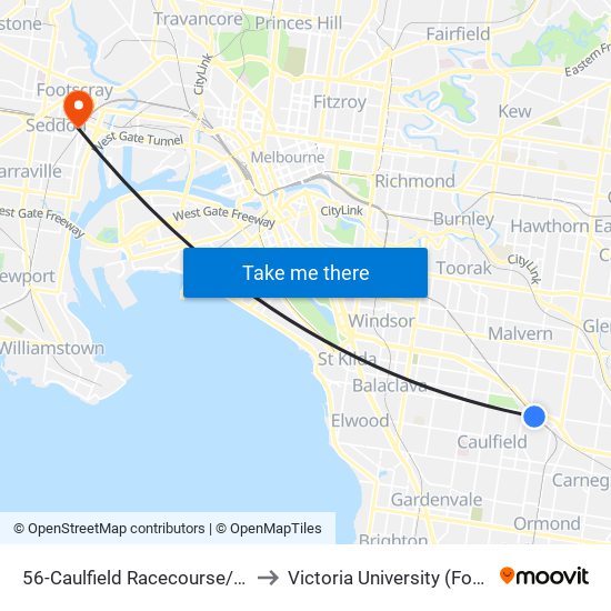 56-Caulfield Racecourse/Normanby Rd (Caulfield North) to Victoria University (Footscray Nicholson Campus) map