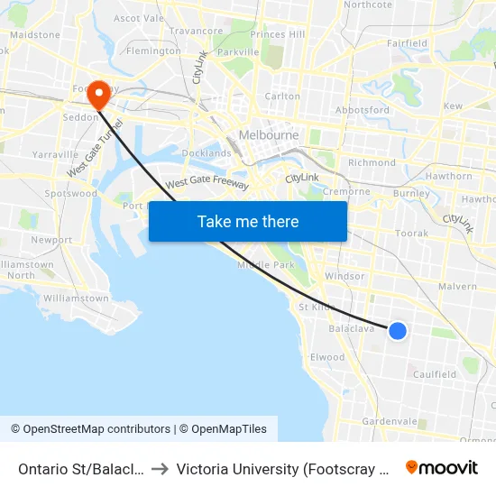 Ontario St/Balaclava Rd #44 to Victoria University (Footscray Nicholson Campus) map