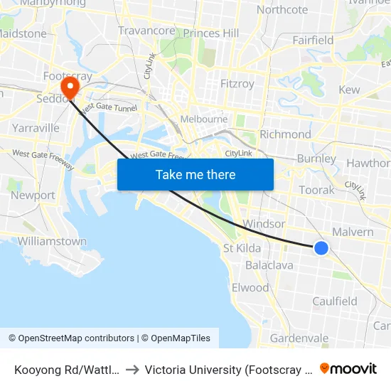 Kooyong Rd/Wattletree Rd #42 to Victoria University (Footscray Nicholson Campus) map