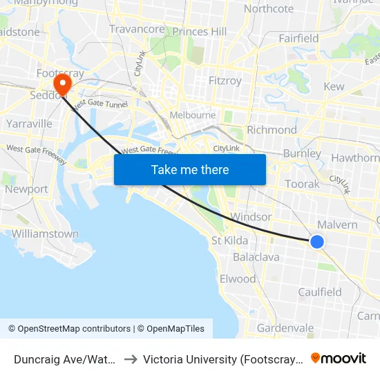 Duncraig Ave/Wattletree Rd #44 to Victoria University (Footscray Nicholson Campus) map