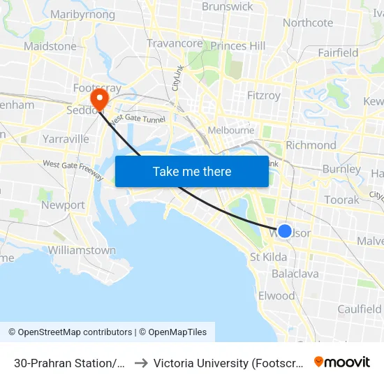 Prahran Station/High St #30 to Victoria University (Footscray Nicholson Campus) map