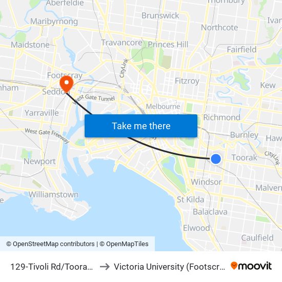 129-Tivoli Rd/Toorak Rd (South Yarra) to Victoria University (Footscray Nicholson Campus) map