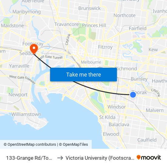 133-Grange Rd/Toorak Rd (Toorak) to Victoria University (Footscray Nicholson Campus) map