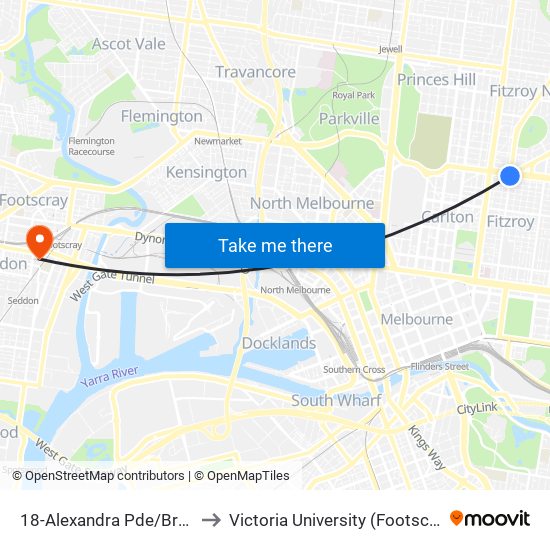 18-Alexandra Pde/Brunswick St (Fitzroy) to Victoria University (Footscray Nicholson Campus) map