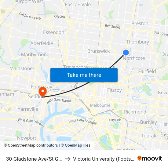 Gladstone Ave/St Georges Rd #30 to Victoria University (Footscray Nicholson Campus) map