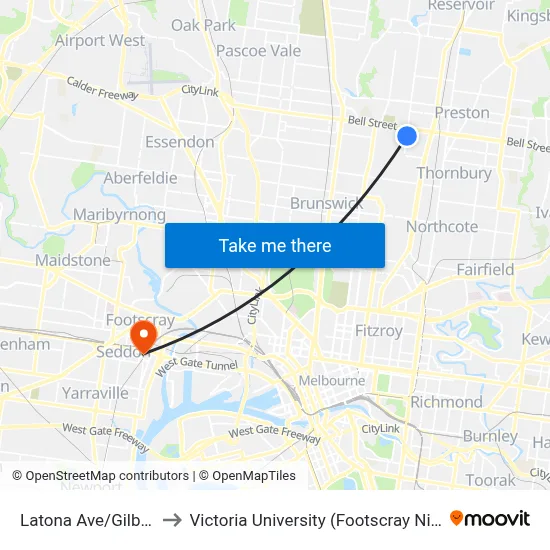 Latona Ave/Gilbert Rd #39 to Victoria University (Footscray Nicholson Campus) map