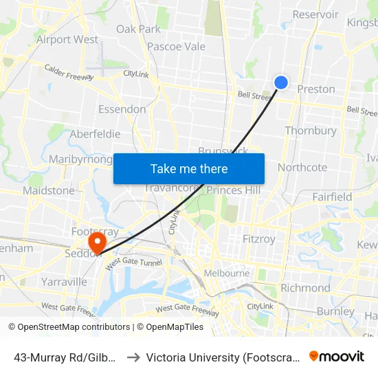 Murray Rd/Gilbert Rd #43 to Victoria University (Footscray Nicholson Campus) map