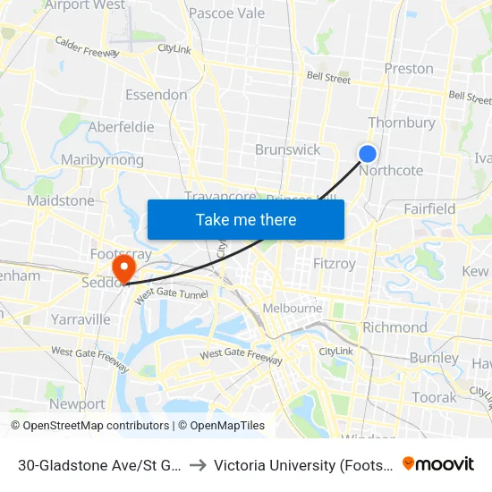 Gladstone Ave/St Georges Rd #30 to Victoria University (Footscray Nicholson Campus) map