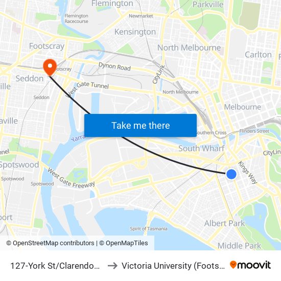 127-York St/Clarendon St (South Melbourne) to Victoria University (Footscray Nicholson Campus) map