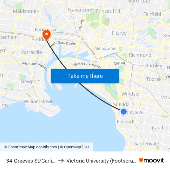 34-Greeves St/Carlisle St (St Kilda) to Victoria University (Footscray Nicholson Campus) map