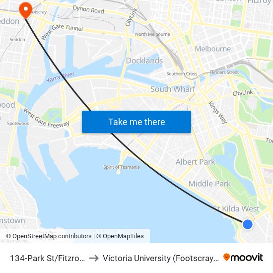 134-Park St/Fitzroy St (St Kilda) to Victoria University (Footscray Nicholson Campus) map