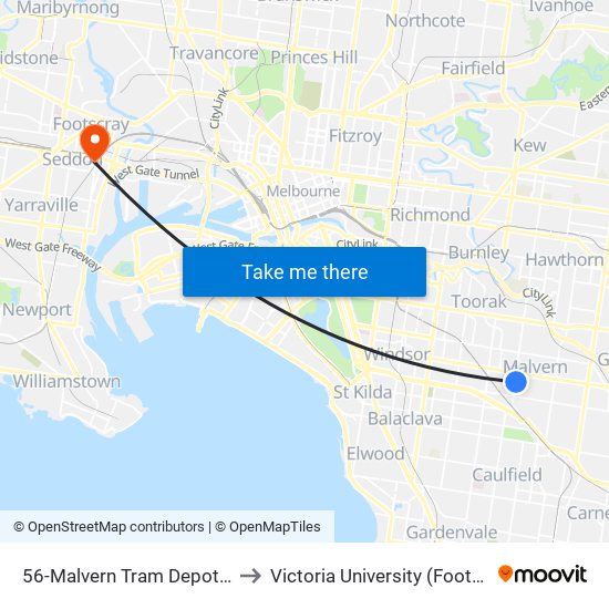 56-Malvern Tram Depot/Glenferrie Rd (Malvern) to Victoria University (Footscray Nicholson Campus) map