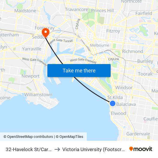 32-Havelock St/Carlisle St (St Kilda) to Victoria University (Footscray Nicholson Campus) map