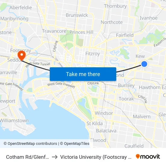 Cotham Rd/Glenferrie Rd #80 to Victoria University (Footscray Nicholson Campus) map