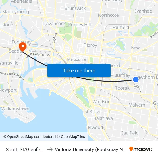 South St/Glenferrie Rd #69 to Victoria University (Footscray Nicholson Campus) map