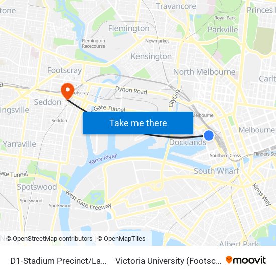 D1-Stadium Precinct/La Trobe St (Docklands) to Victoria University (Footscray Nicholson Campus) map