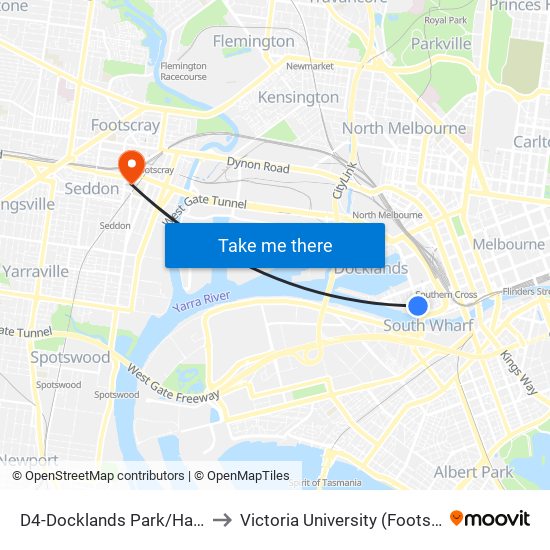 D4-Docklands Park/Harbour Esp (Docklands) to Victoria University (Footscray Nicholson Campus) map