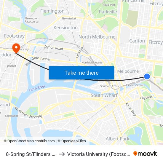 8-Spring St/Flinders St (Melbourne City) to Victoria University (Footscray Nicholson Campus) map