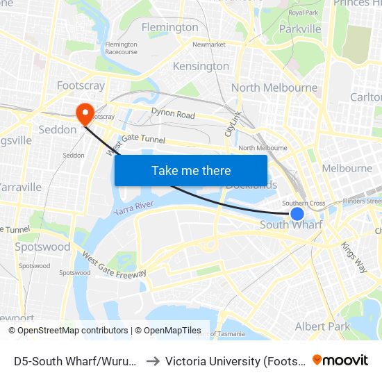 D5-South Wharf/Wurundjeri Way (Docklands) to Victoria University (Footscray Nicholson Campus) map