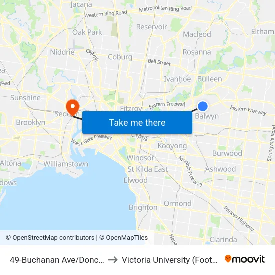 Buchanan Ave/Doncaster Rd #49 to Victoria University (Footscray Nicholson Campus) map