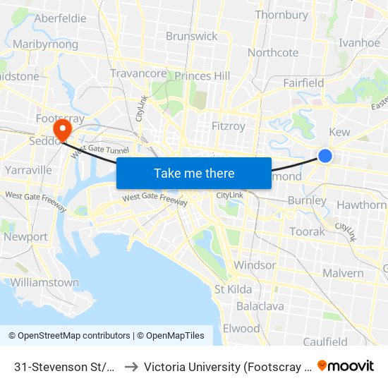 31-Stevenson St/High St (Kew) to Victoria University (Footscray Nicholson Campus) map