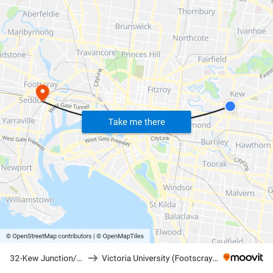 32-Kew Junction/High St (Kew) to Victoria University (Footscray Nicholson Campus) map