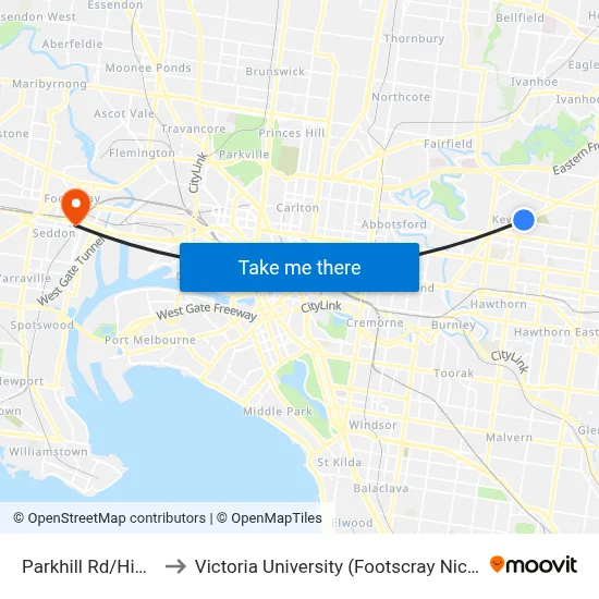 Parkhill Rd/High St #36 to Victoria University (Footscray Nicholson Campus) map