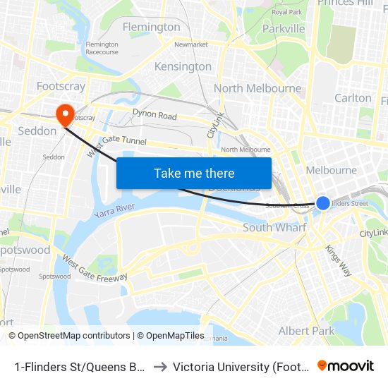 1-Flinders St/Queens Bridge St (Melbourne City) to Victoria University (Footscray Nicholson Campus) map