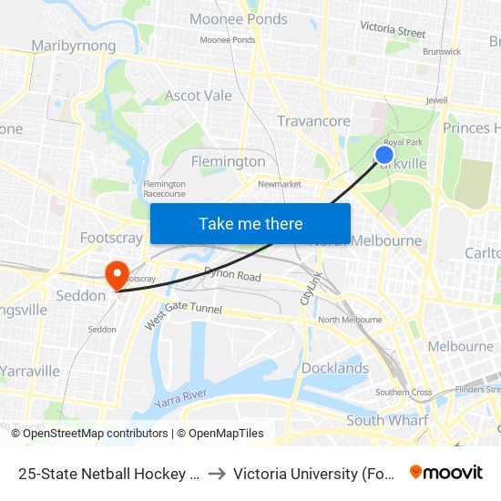 25-State Netball Hockey Centre/Royal Park (Parkville) to Victoria University (Footscray Nicholson Campus) map