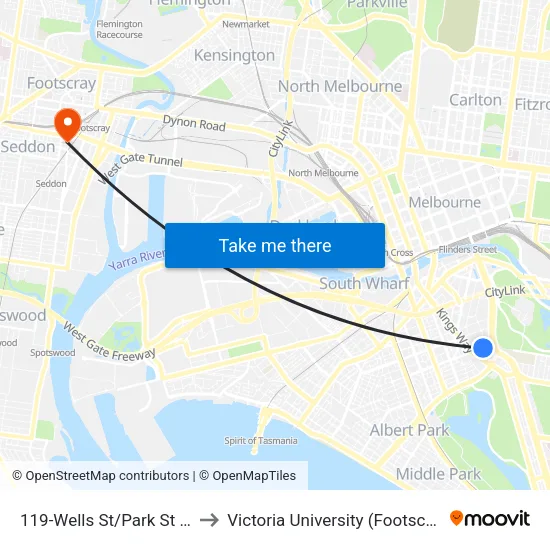 Wells St/Park St #119 to Victoria University (Footscray Nicholson Campus) map