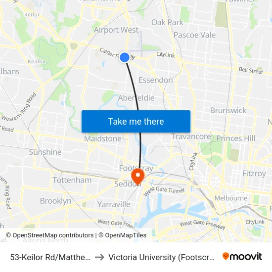 Keilor Rd/Matthews Ave #53 to Victoria University (Footscray Nicholson Campus) map