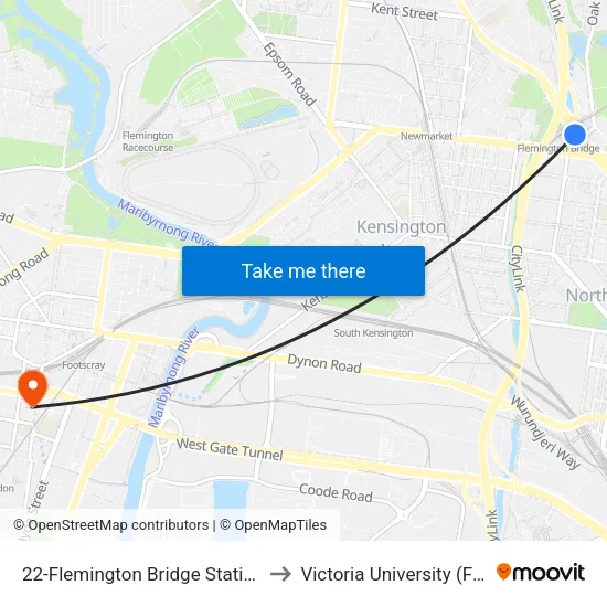 Flemington Bridge Station/Flemington Rd #22 to Victoria University (Footscray Nicholson Campus) map