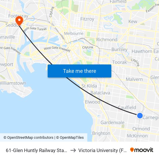 61-Glen Huntly Railway Station/Glen Huntly Rd (Caulfield South) to Victoria University (Footscray Nicholson Campus) map