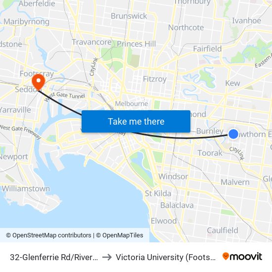 32-Glenferrie Rd/Riversdale Rd (Hawthorn) to Victoria University (Footscray Nicholson Campus) map