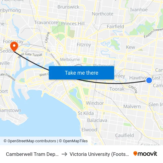 Camberwell Tram Depot/Riversdale Rd #39 to Victoria University (Footscray Nicholson Campus) map