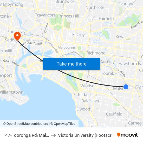 47-Tooronga Rd/Malvern Rd (Malvern) to Victoria University (Footscray Nicholson Campus) map