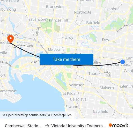 Camberwell Station/Burke Rd #64 to Victoria University (Footscray Nicholson Campus) map