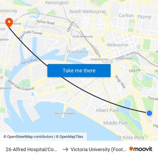 26-Alfred Hospital/Commercial Rd (South Yarra) to Victoria University (Footscray Nicholson Campus) map