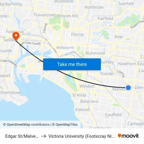 Edgar St/Malvern Rd #48 to Victoria University (Footscray Nicholson Campus) map