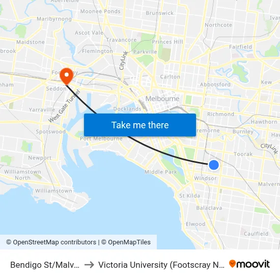 Bendigo St/Malvern Rd #32 to Victoria University (Footscray Nicholson Campus) map