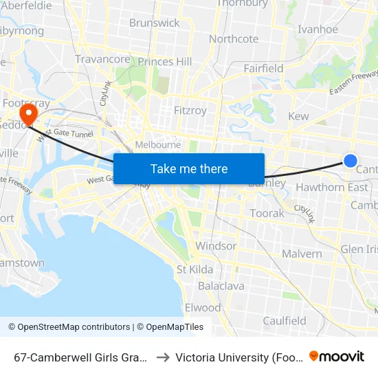 Camberwell Girls Grammar/Burke Rd #67 to Victoria University (Footscray Nicholson Campus) map