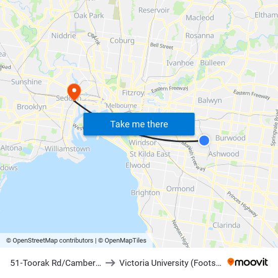 51-Toorak Rd/Camberwell Rd (Camberwell) to Victoria University (Footscray Nicholson Campus) map