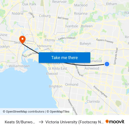 Keats St/Burwood Hwy #69 to Victoria University (Footscray Nicholson Campus) map