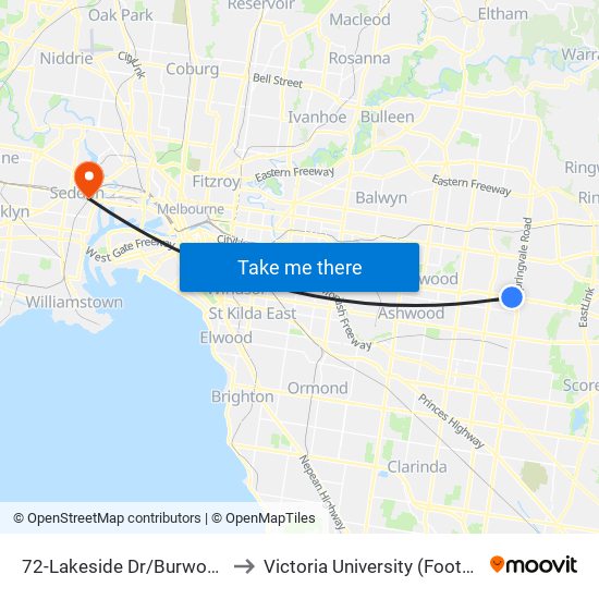 72-Lakeside Dr/Burwood Hwy (Burwood East) to Victoria University (Footscray Nicholson Campus) map