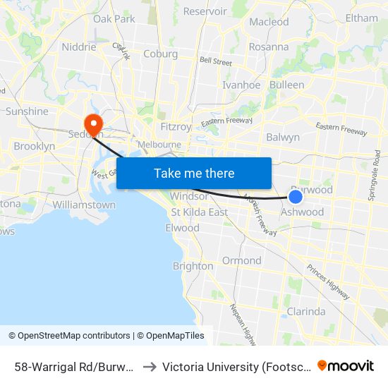 58-Warrigal Rd/Burwood Hwy (Burwood) to Victoria University (Footscray Nicholson Campus) map