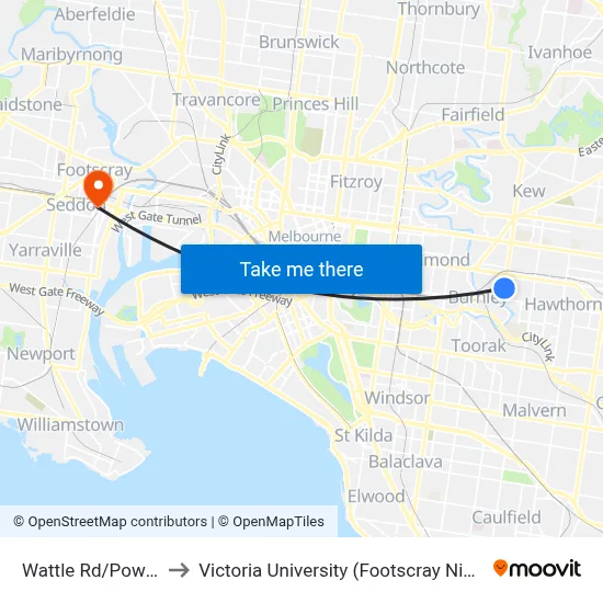 Wattle Rd/Power St #28 to Victoria University (Footscray Nicholson Campus) map
